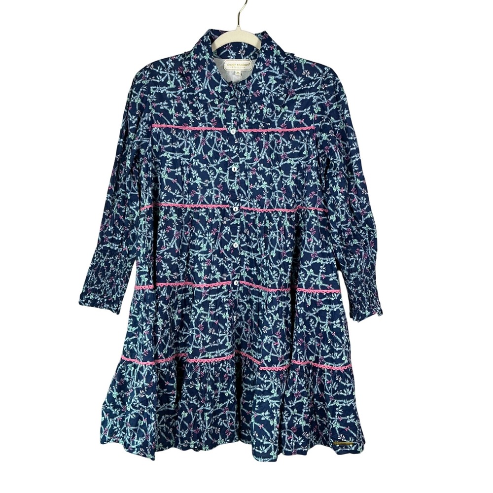 Simply Southern Navy Blue Bow Print Tiered Dress Long Sleeve Ruffle Pockets M